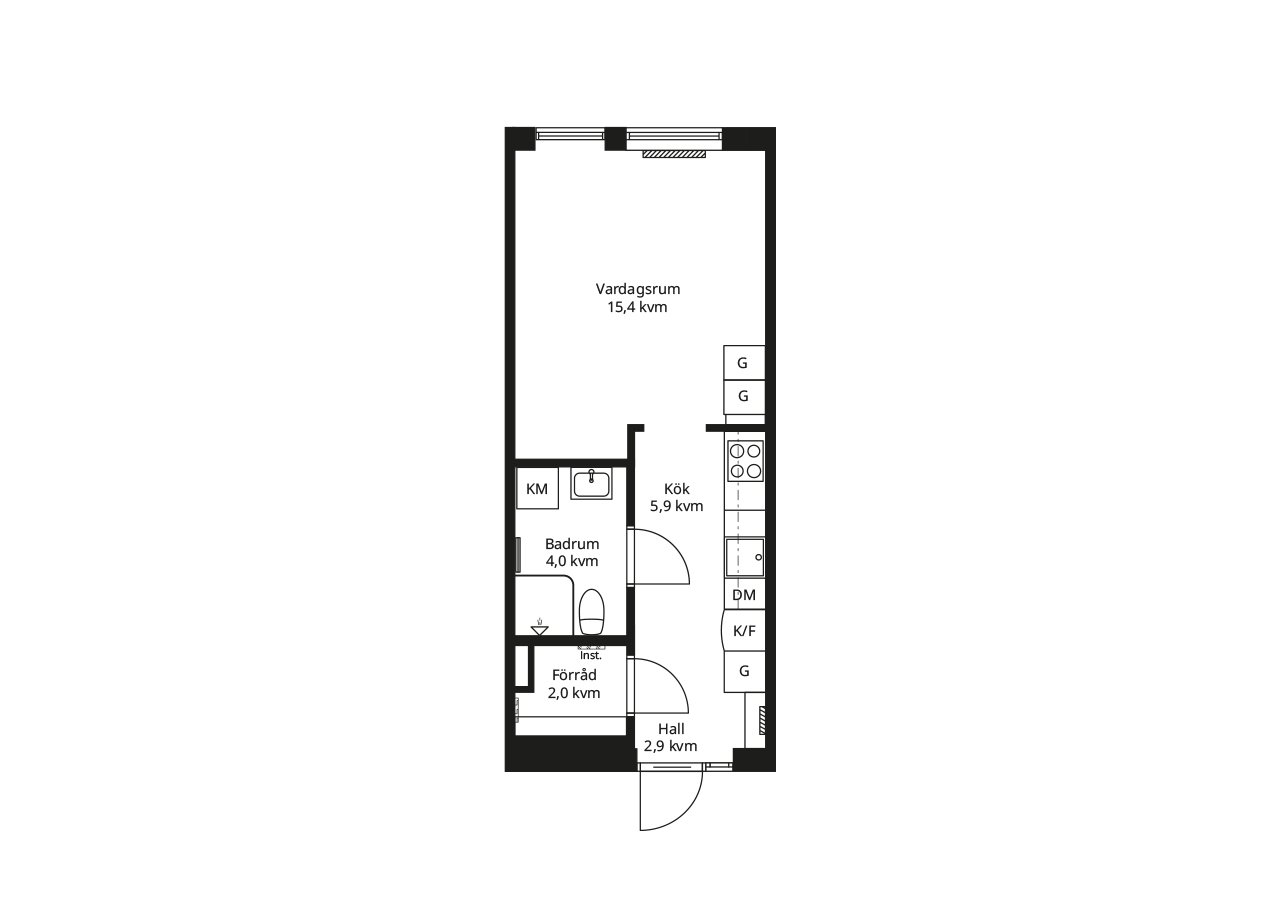 Planlösning av en BoKlok lägenhet ett rum och kök med fransk balkong