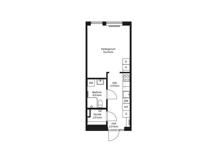 Planlösning av en BoKlok lägenhet ett rum och kök med fransk balkong
