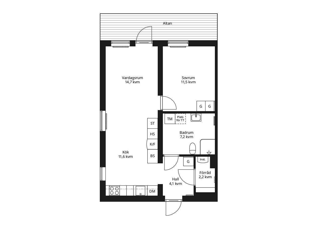 Spegelvänd planlösning av en BoKlok gavellägenhet två rum och kök placerad med brandtrappa vid loftgång