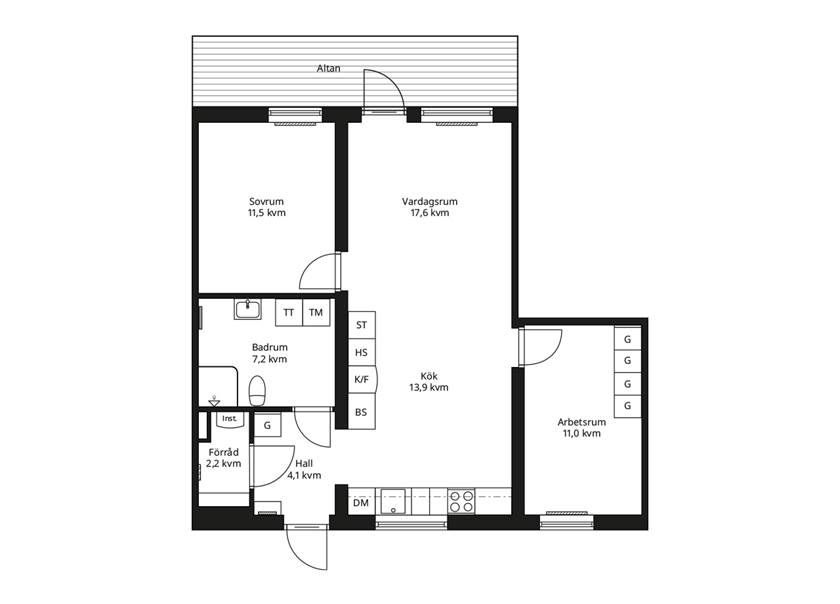 Rätvänd planlösning av en BoKlok lägenhet tre rum och kök med torktumlare