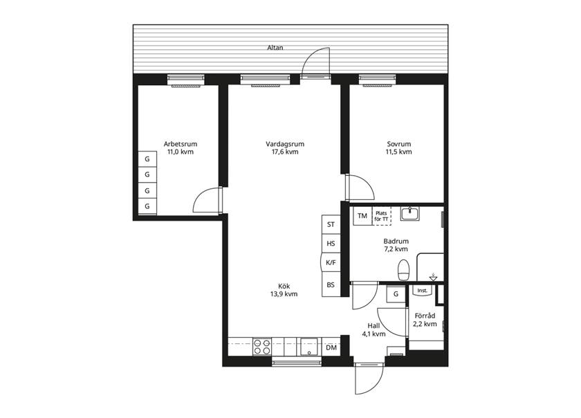 Spegelvänd planlösning av en BoKlok lägenhet tre rum och kök