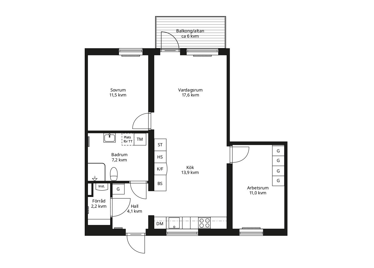 Rätvänd planlösning av en BoKlok lägenhet tre rum och kök
