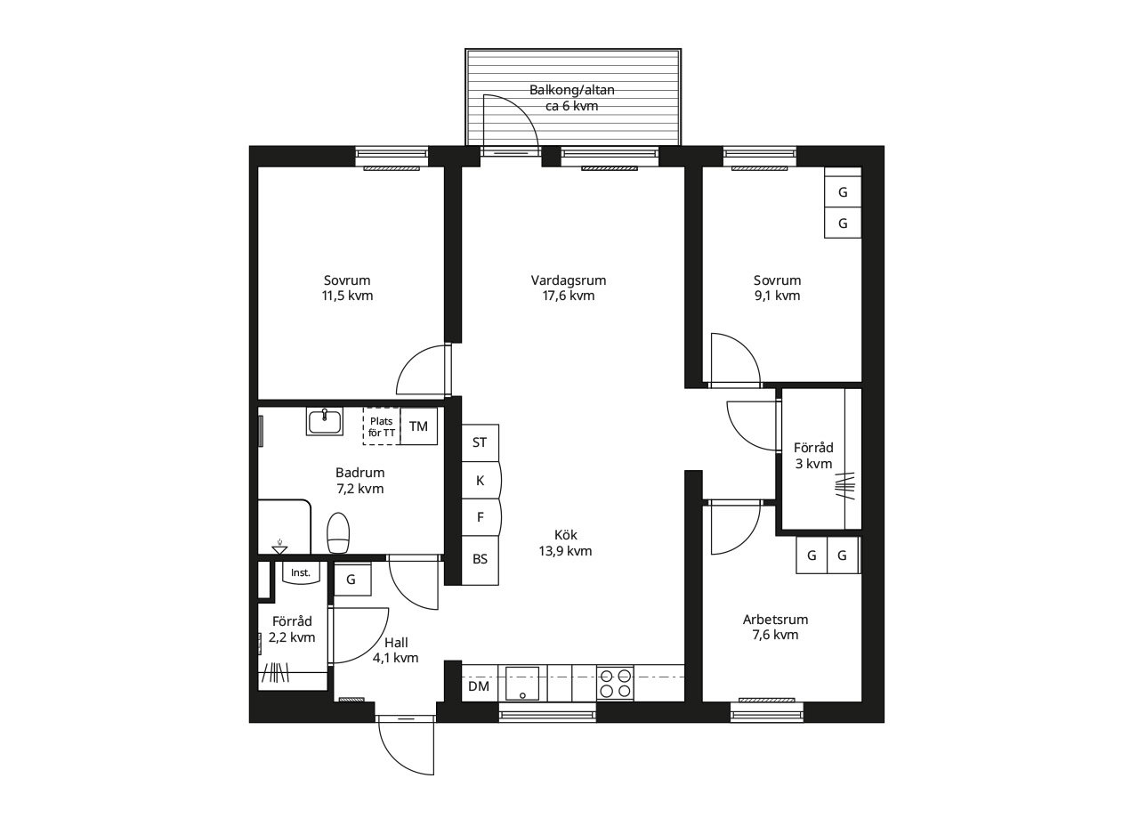 Rätvänd planlösning av en BoKlok gavellägenhet fyra rum och kök