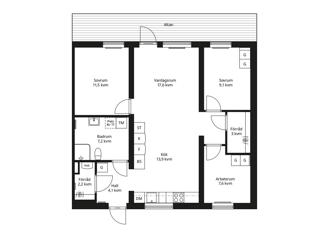 Rätvänd planlösning av en BoKlok gavellägenhet fyra rum och kök