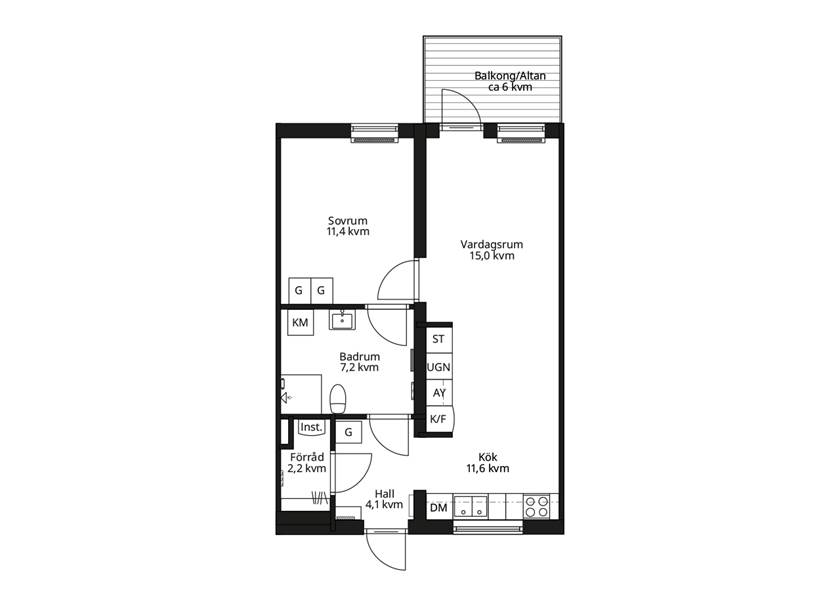 Rätvänd planlösning av en SilviaBo lägenhet två rum och kök
