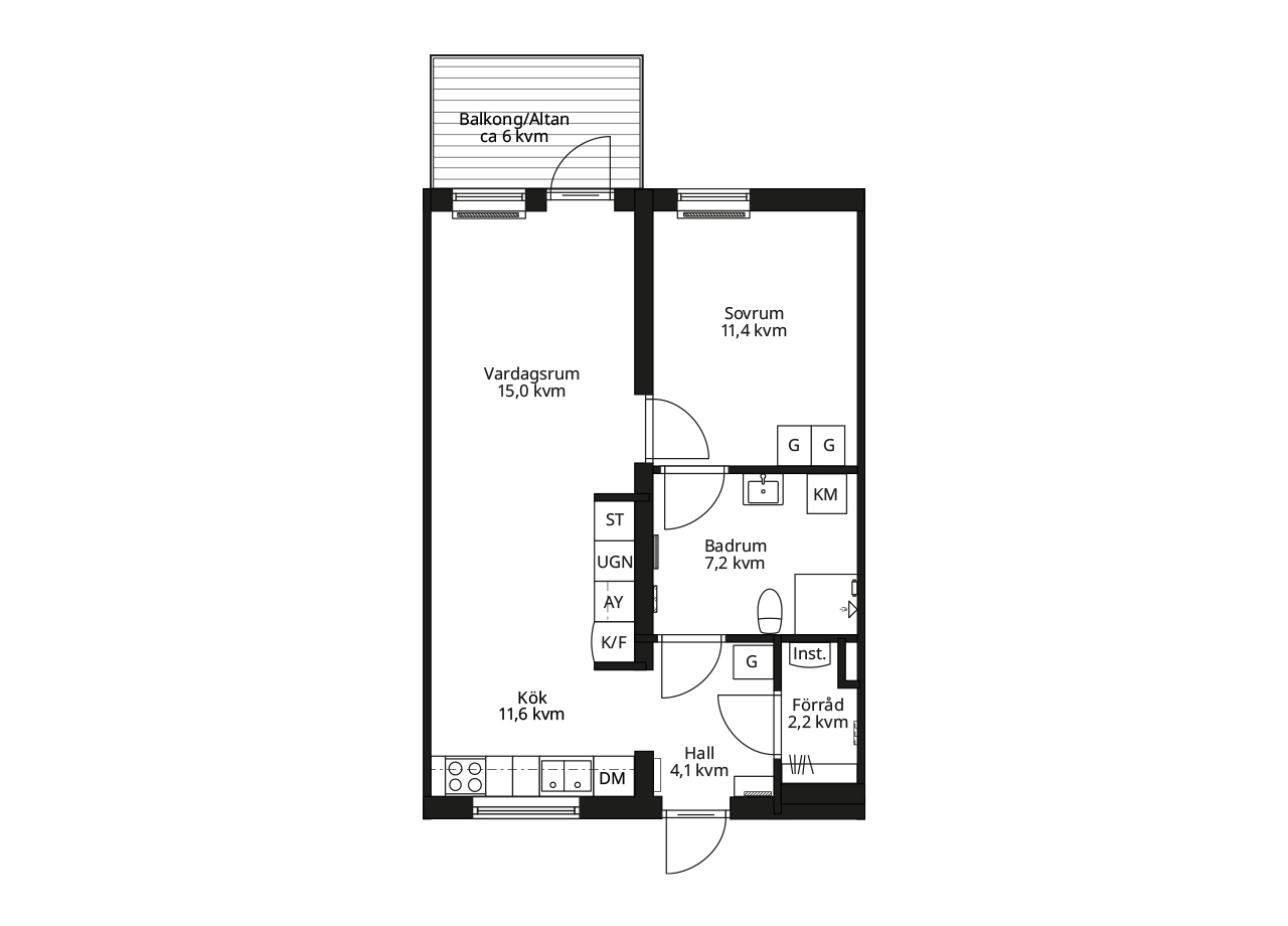 Spegelvänd planlösning av en lägenhet två rum och kök