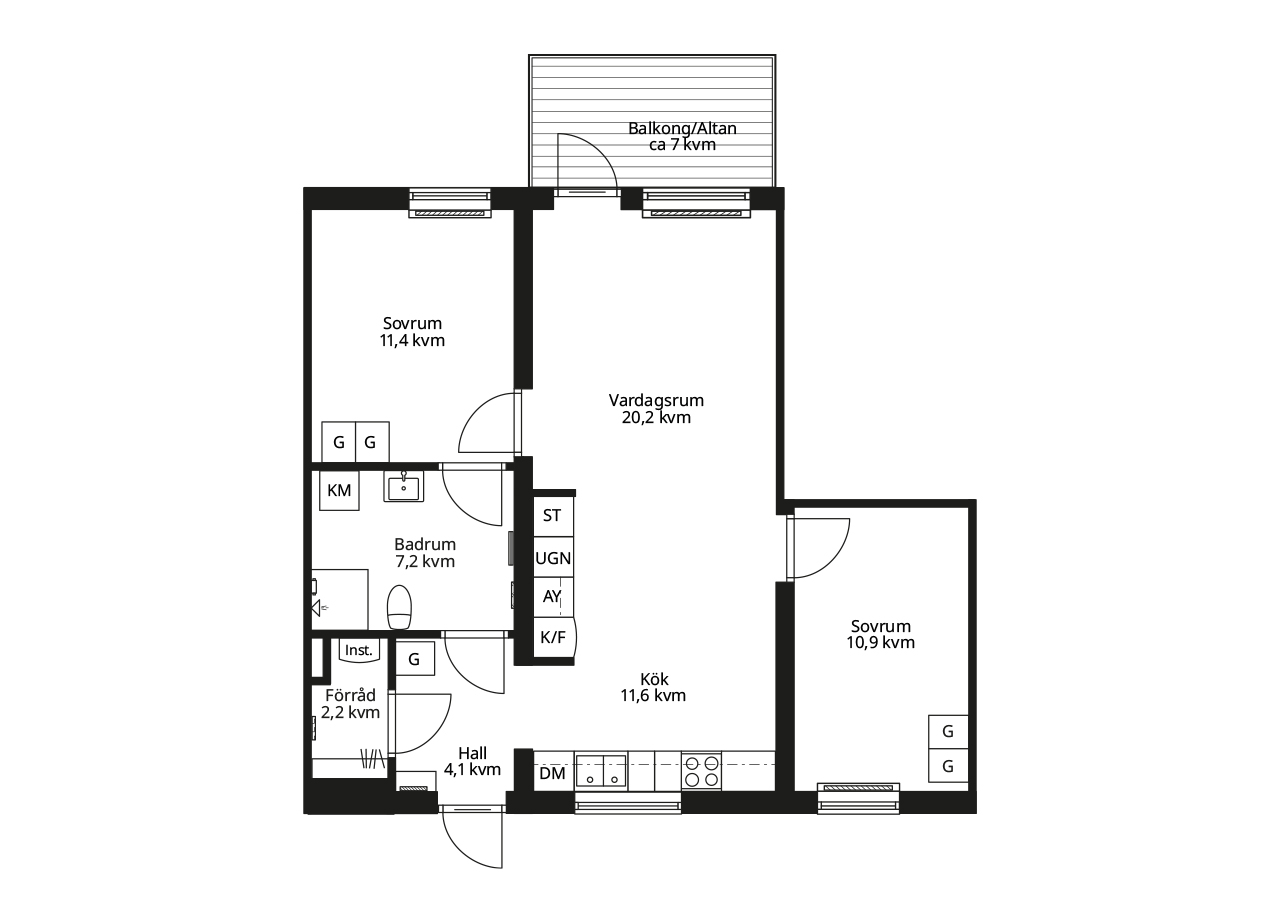 Rätvänd planlösning av en lägenhet tre rum och kök