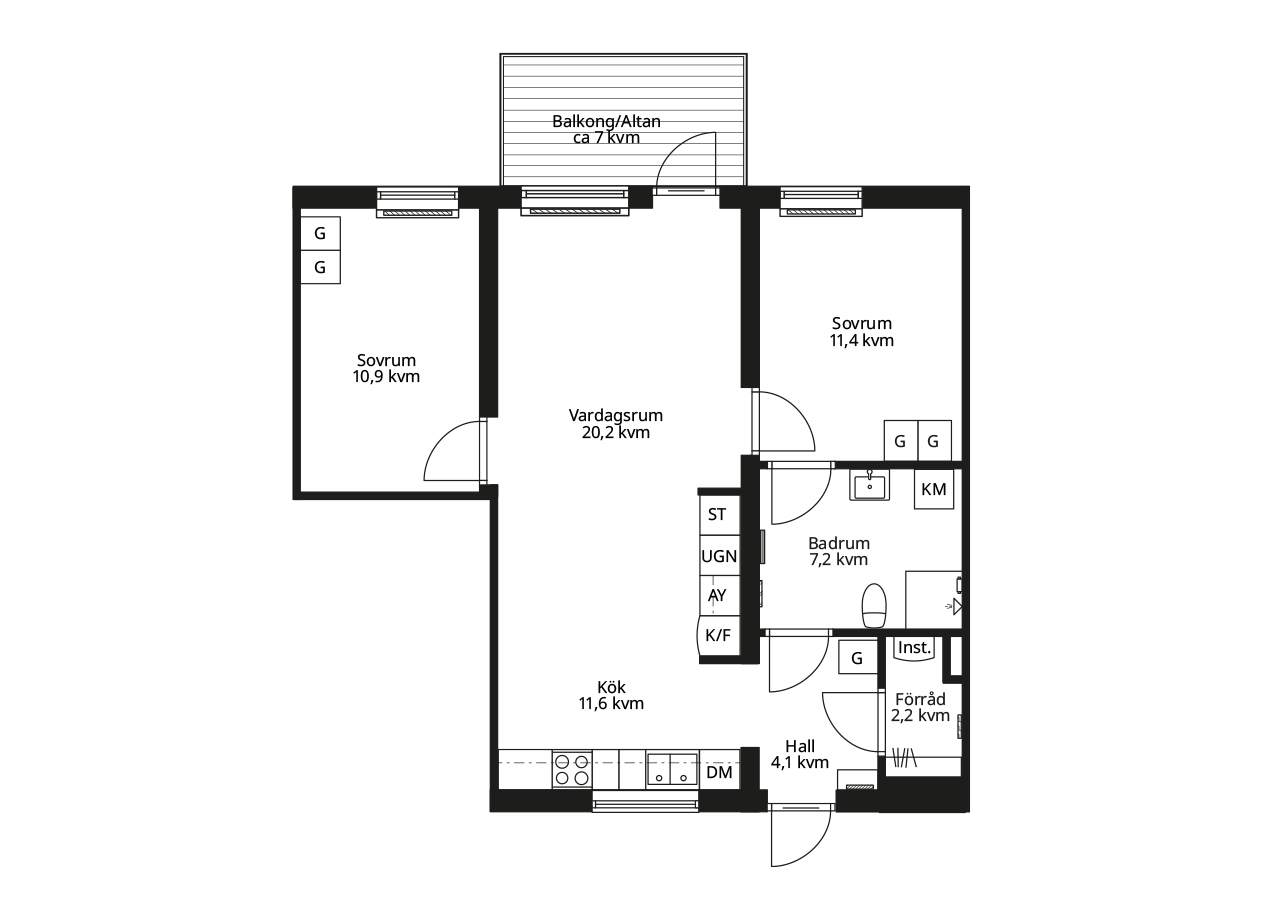 Spegelvänd planlösning av en lägenhet tre rum och kök