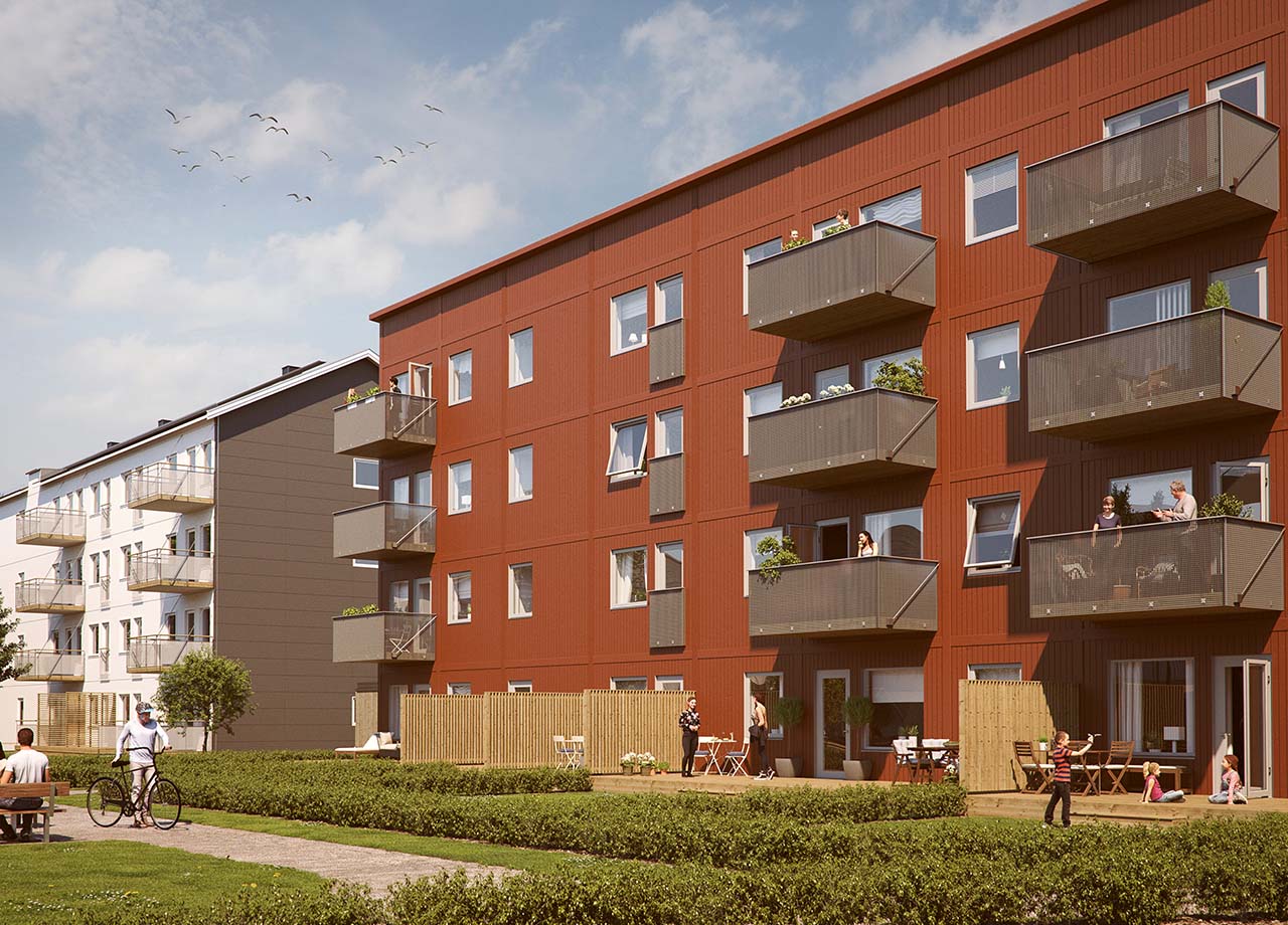 Illustrationsbild av uteplatser i BoKlok Arenan i Östersund