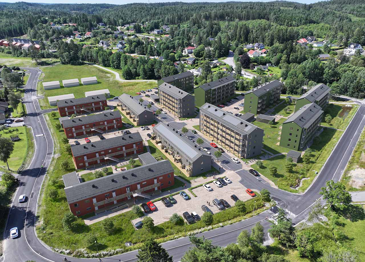 Fotomontage av kommande BoKlok område i Björröd.