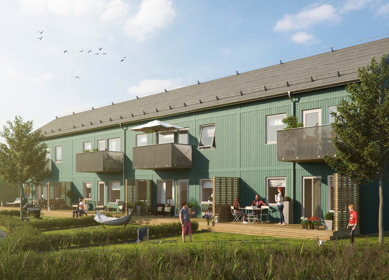 Illustrationsbild av uteplatser, balkonger och altaner, BoKlok Flinta i Enköping.