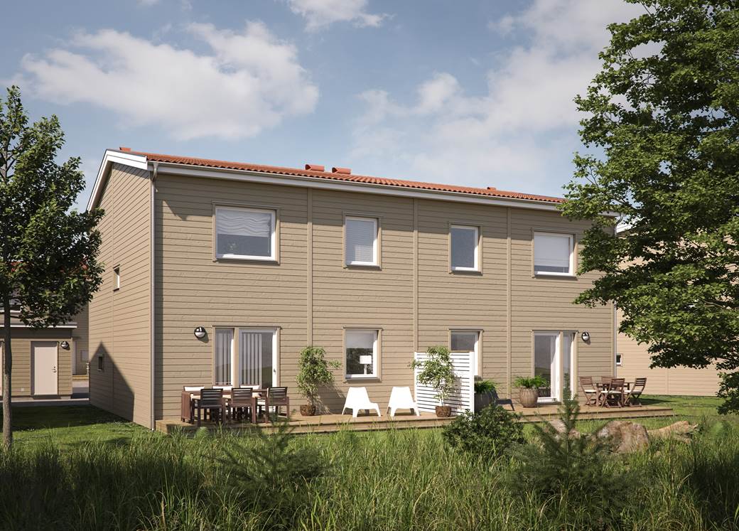 Illustartion av trädgårdssidan till parhus i BoKlok Golfbanan.