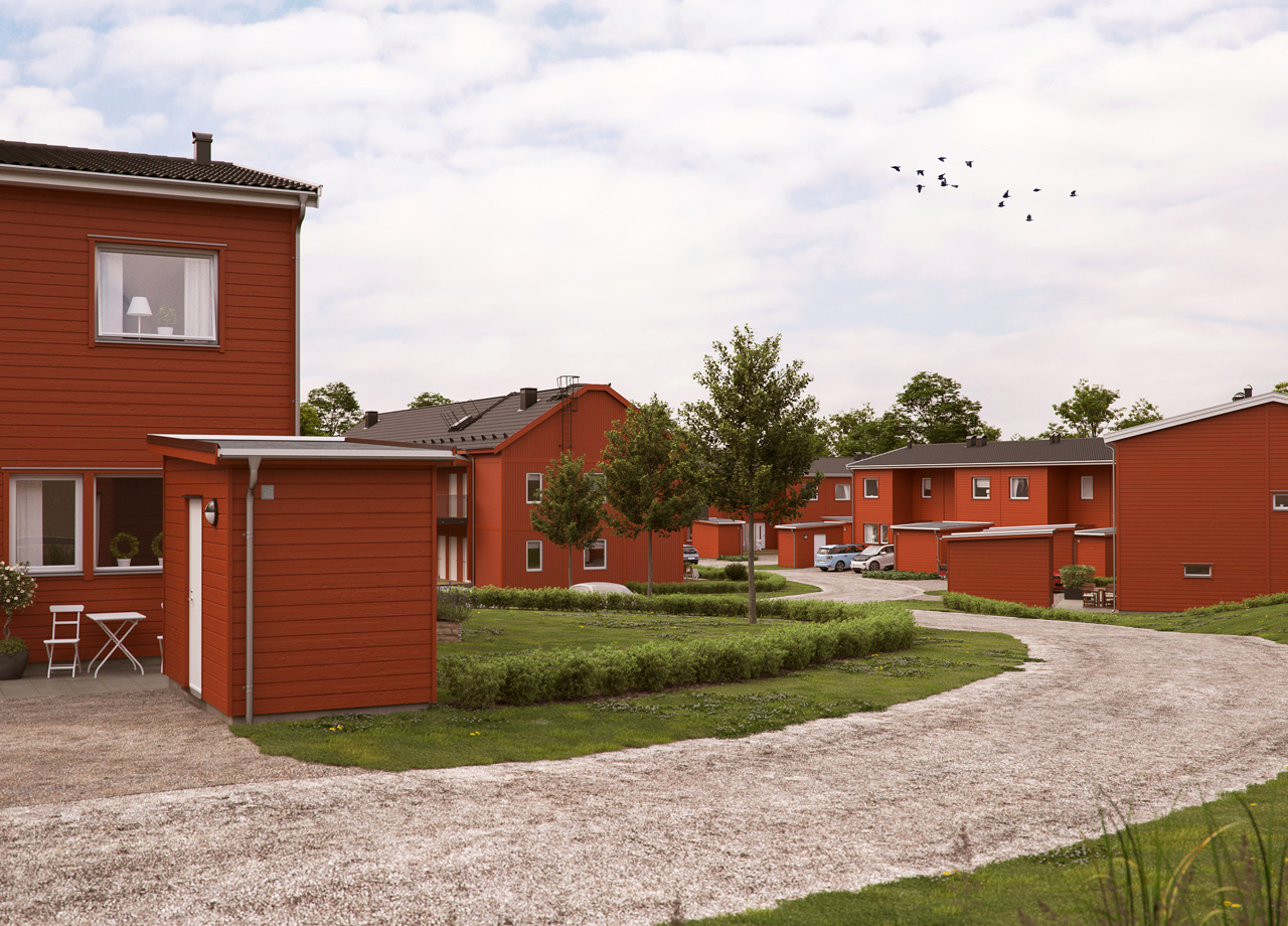 Illustrerad bild på radhusen och en grusad gångstig ner mot grannskapet