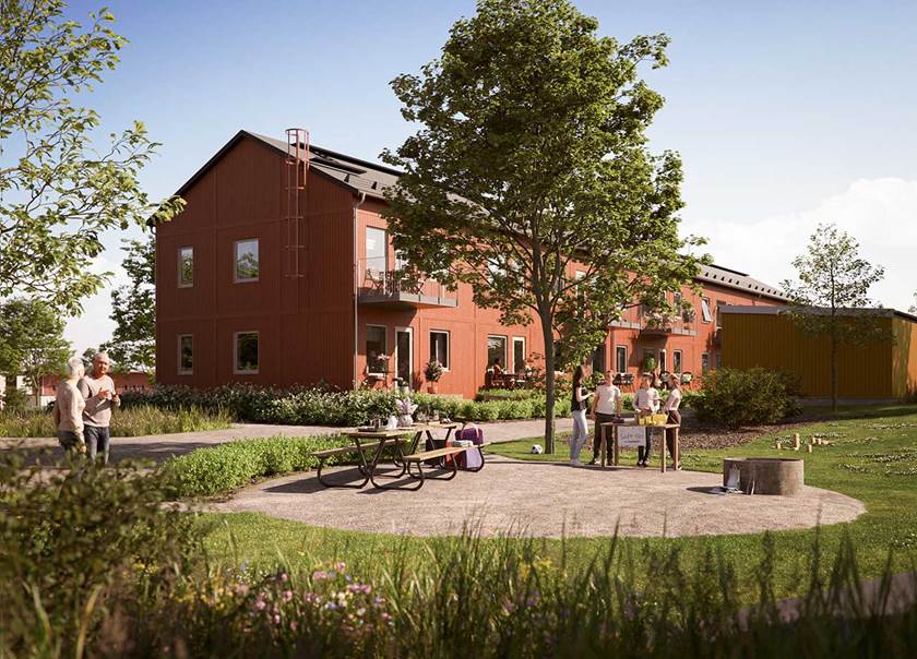 Illustration över BoKlok klöverns grönskande innergård