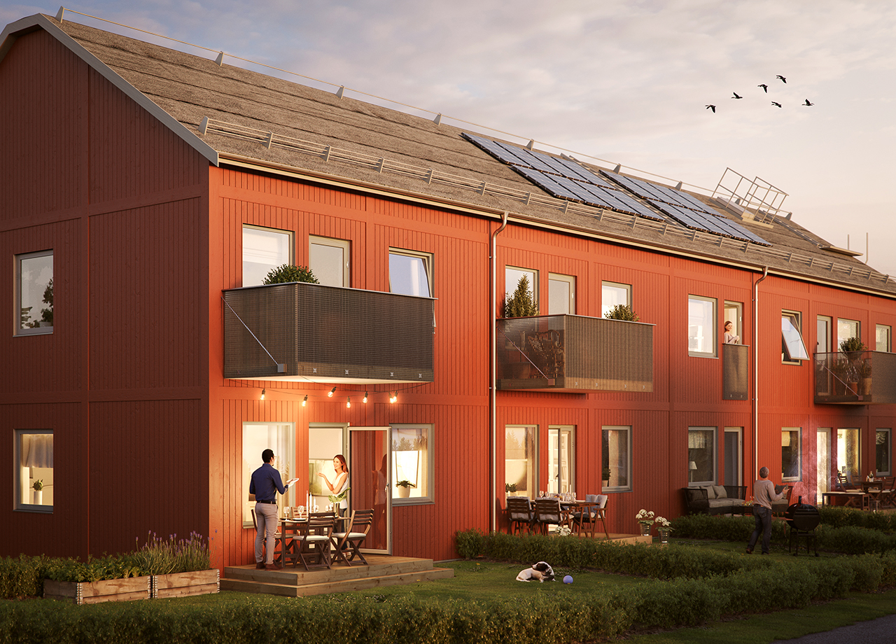 Illustrationsbild av lägenheternas baksida med balkonger, altaner och grästäppor i BoKlok Knyttet i Växjö
