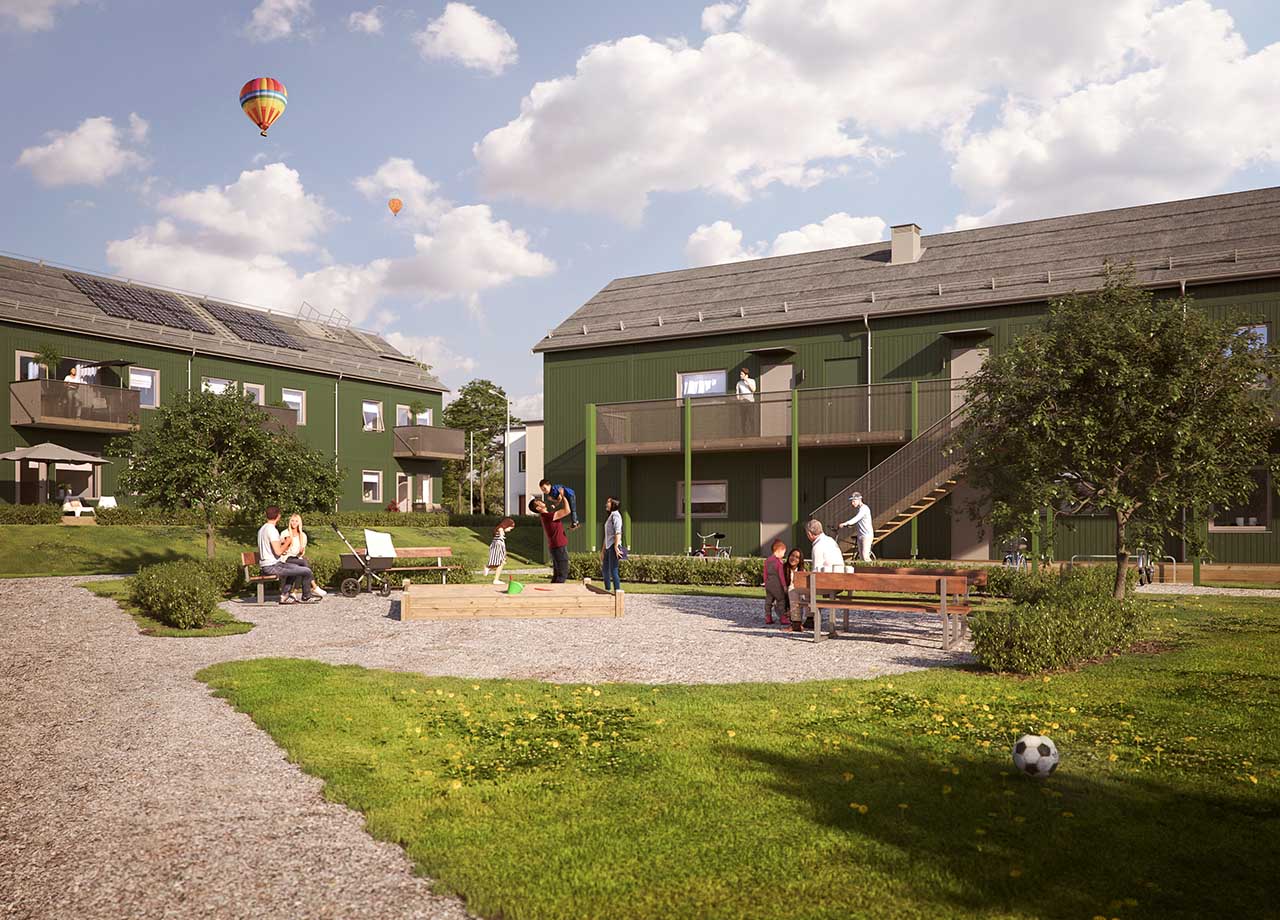 Illustrationsbild av lägenheternas entrésida med loftgångar samt innergården med lekplats i BoKlok Knyttet i Växjö