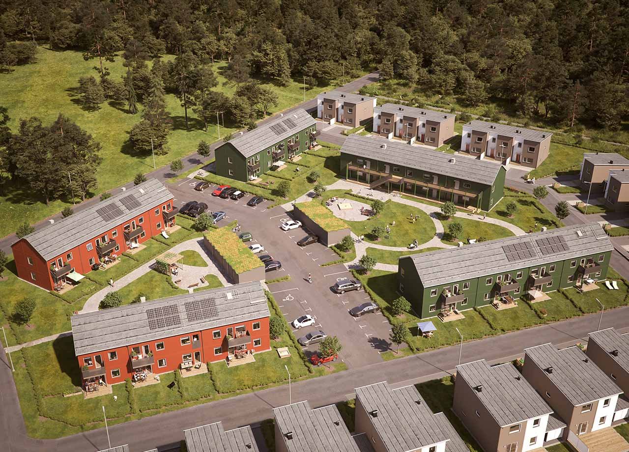 Illustrationsbild av kvarteret med lägenheter i BoKlok Knyttet i Växjö