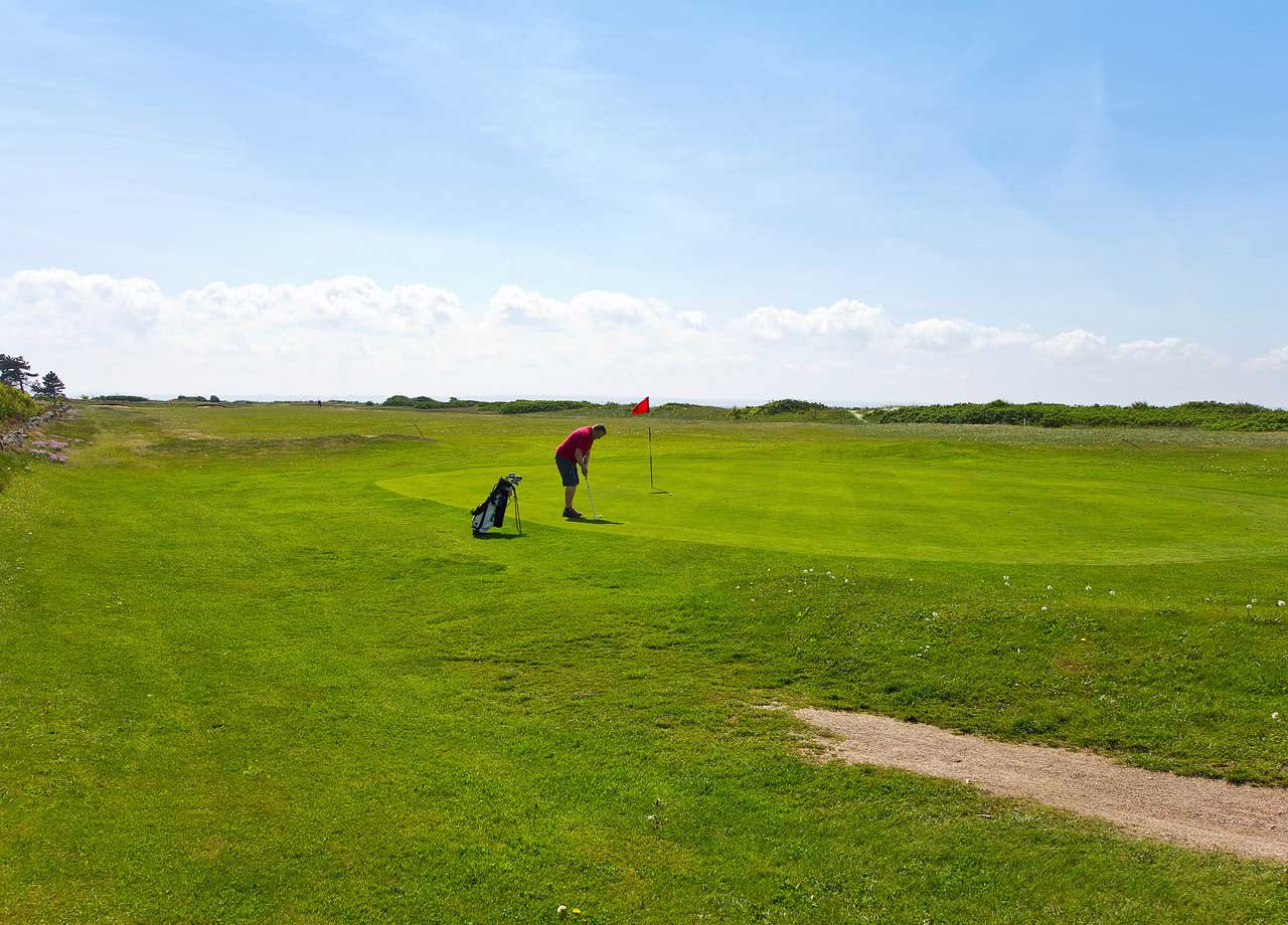 Foto på en grön gräsmatta och en golfare 