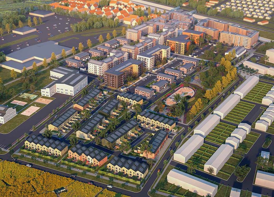 Illustrationsbild av framtidsstaden Hjärup Västerstad - Skanska Bostad