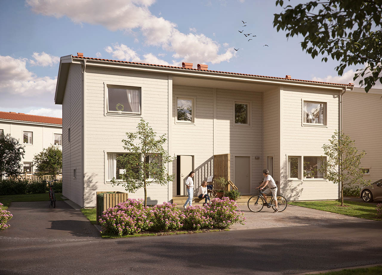 Illustrationsbild av entréer till ett av parhusen i BoKlok Stallmästaren.