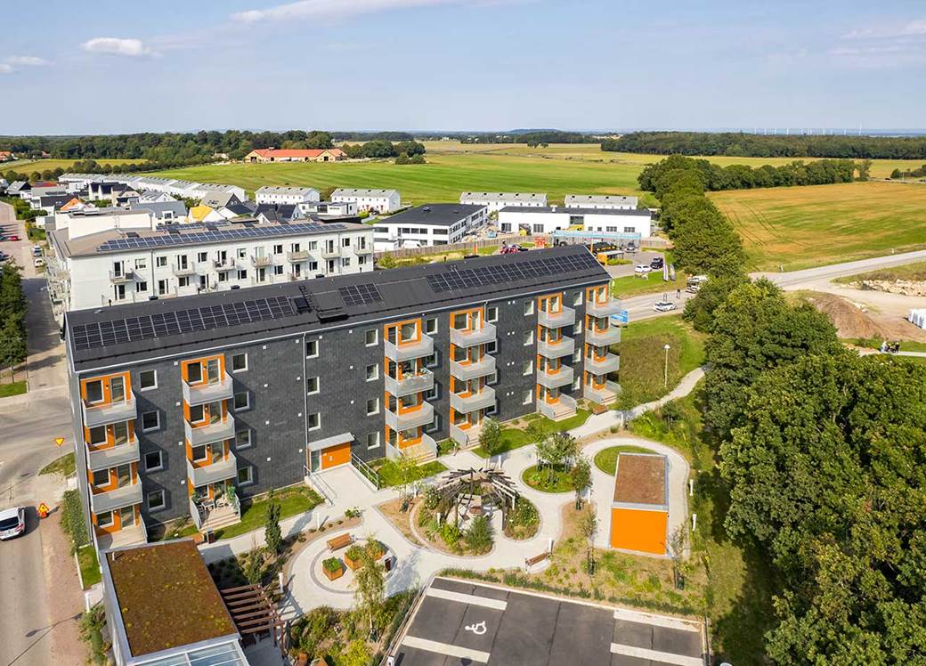 Drönarfoto över BoKlok Växthuset i Mariastaden i Helsingborg